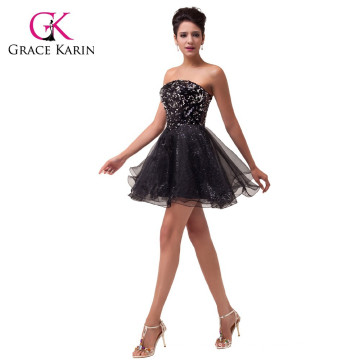 Grace Karin Strapless Sequins Black And Sky Blue Robes courtes de cocktail CL6054